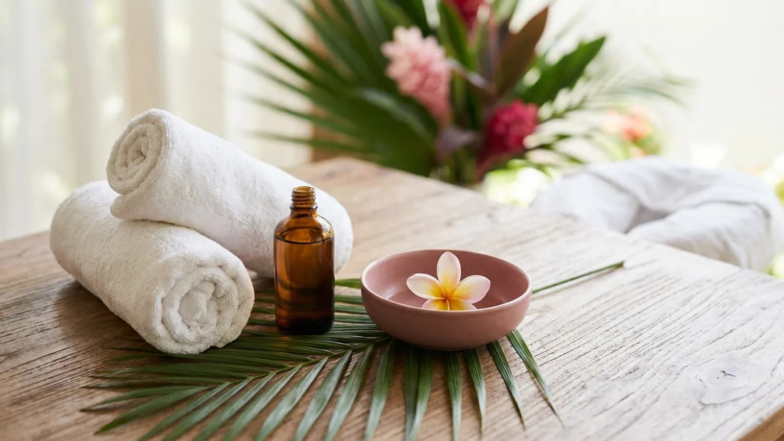 Table de massage préparée : serviettes roulées, huile, fleur de frangipanier