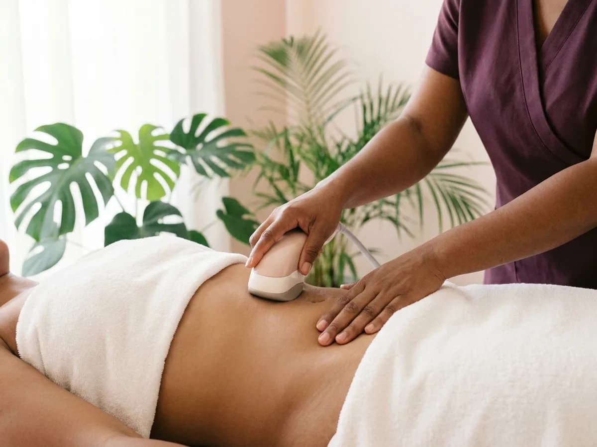 Praticienne passant la tête du Bodysculptor sur le ventre d'une cliente en cabine