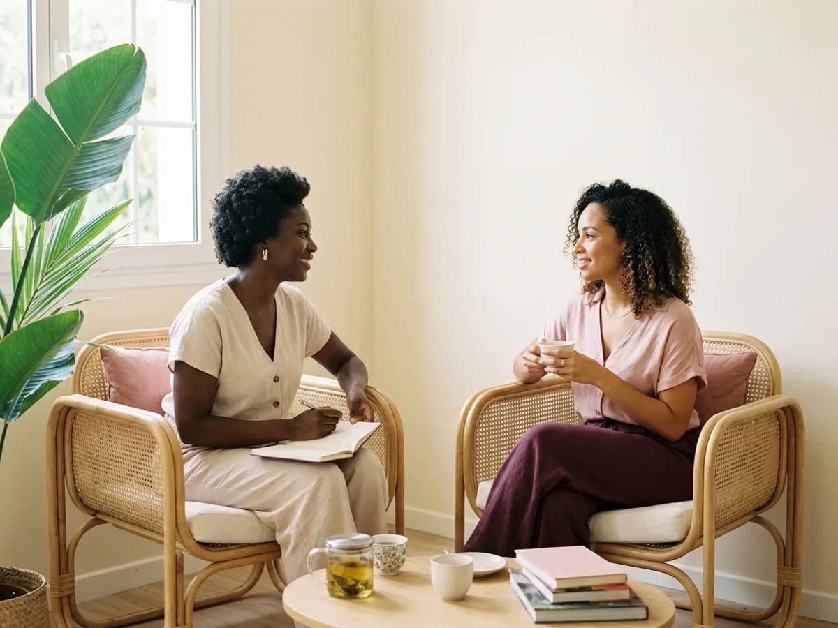 Séance de coaching de vie : deux femmes assises face à face dans un salon lumineux